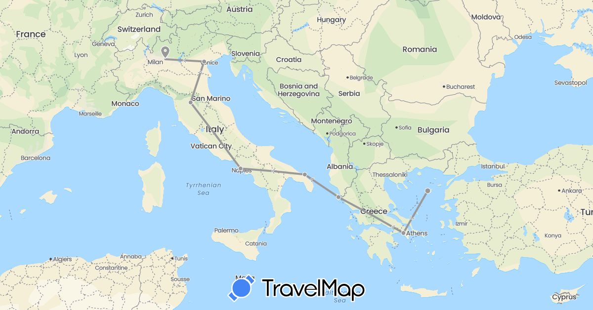 TravelMap itinerary: driving, plane in Greece, Italy (Europe)